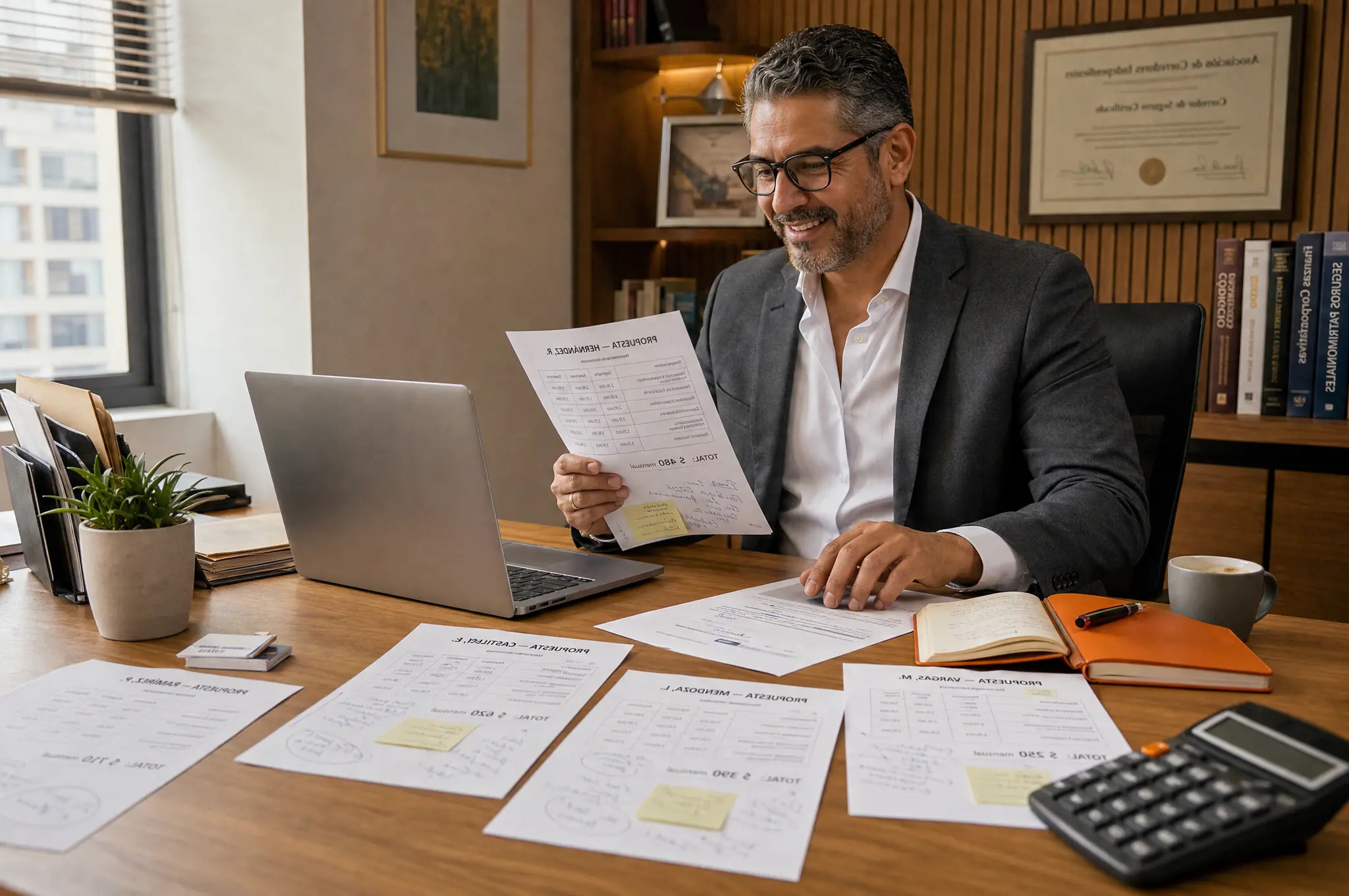 Gestor de aseguradora revisando documentos financieros y facturas desde su oficina.