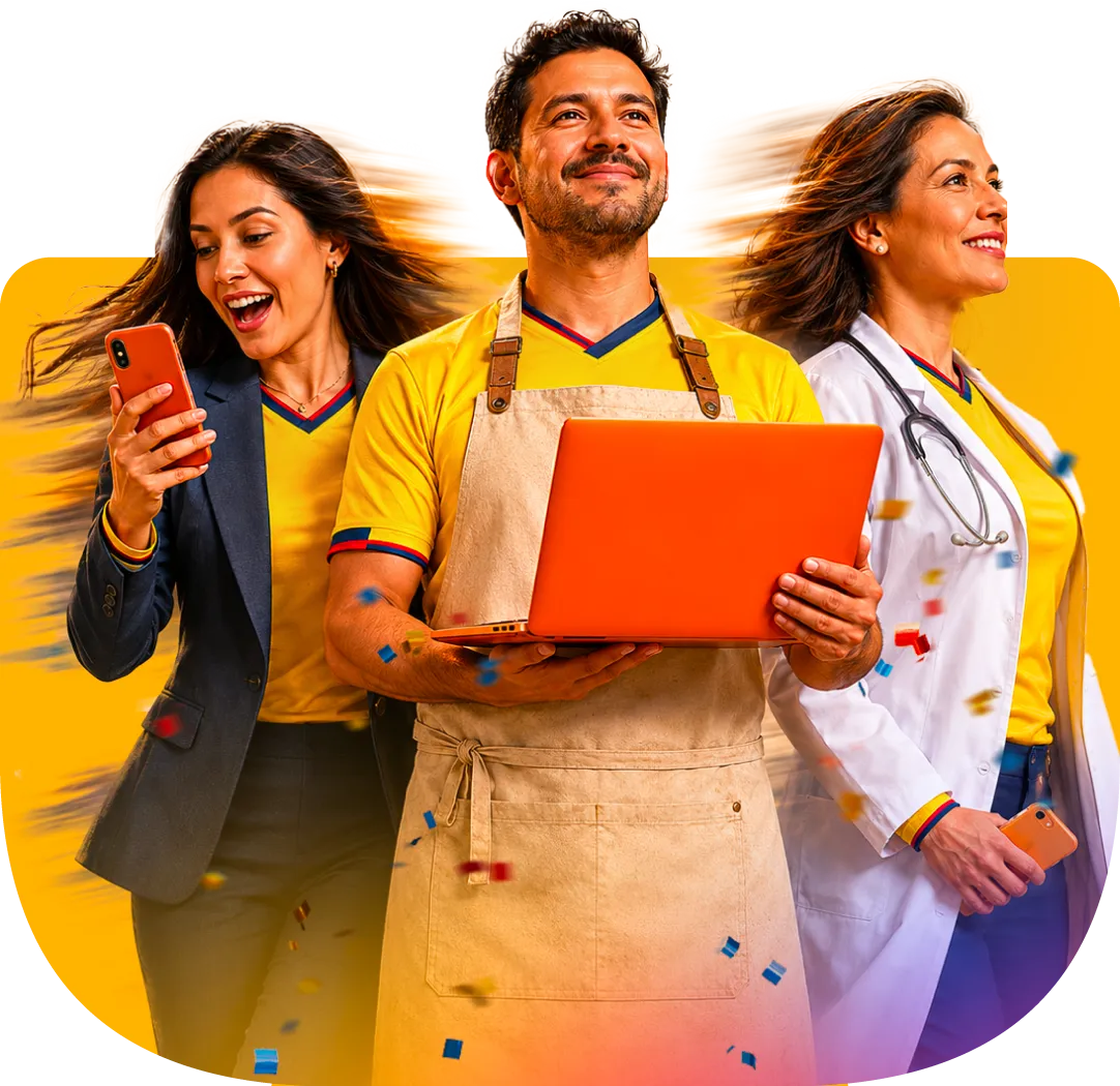 Ejecutiva, emprendedor y médica con la camiseta de la selección ecuatoriana de fútbol, celebrando con smartphones y laptop entre confeti.