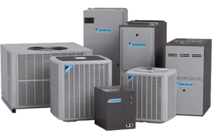 Daikin heating and cooling units displayed together, showcasing various models and sizes for HVAC solutions.
