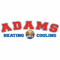 Adams Heating Cooling logo featuring bold red lettering and a colorful sun and snowflake graphic.