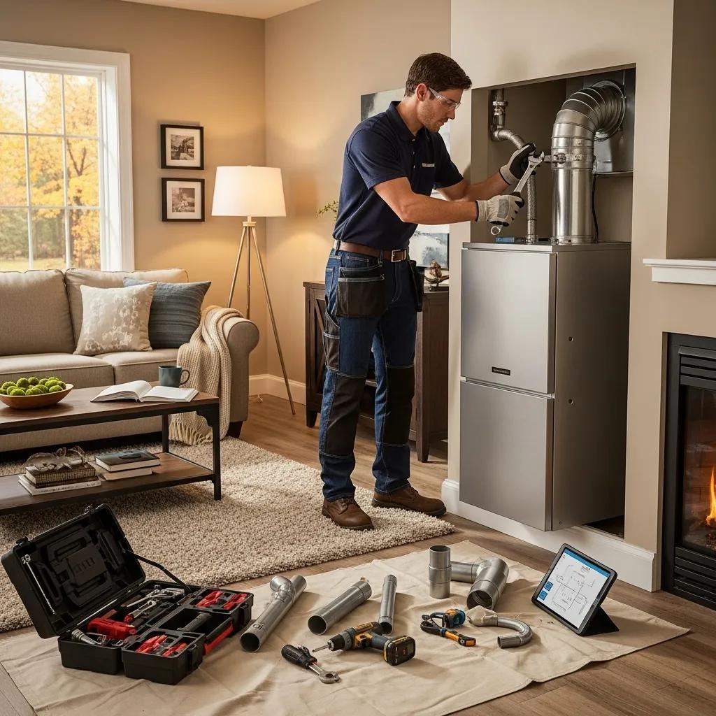 Modern furnace installation in a cozy home environment, highlighting energy efficiency and comfort