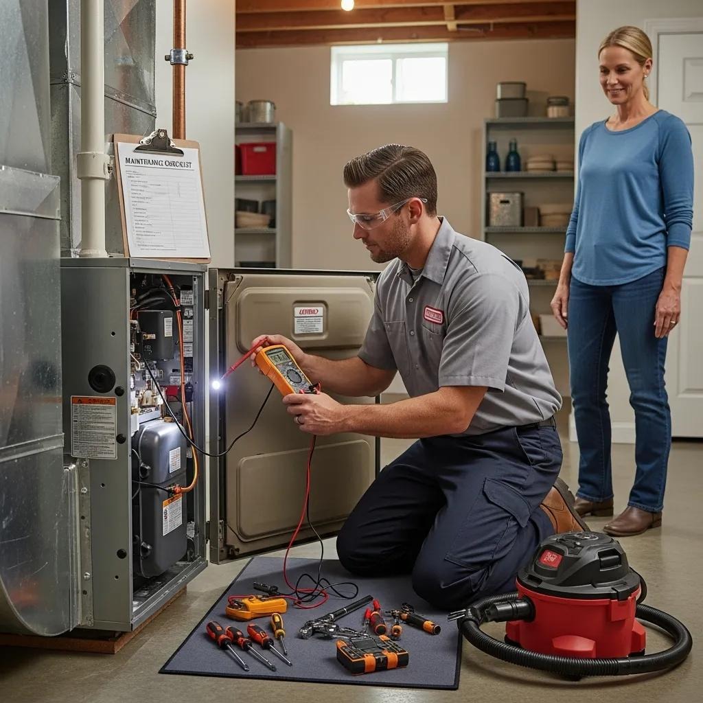Technician performing routine maintenance on a furnace, highlighting the importance of upkeep for longevity