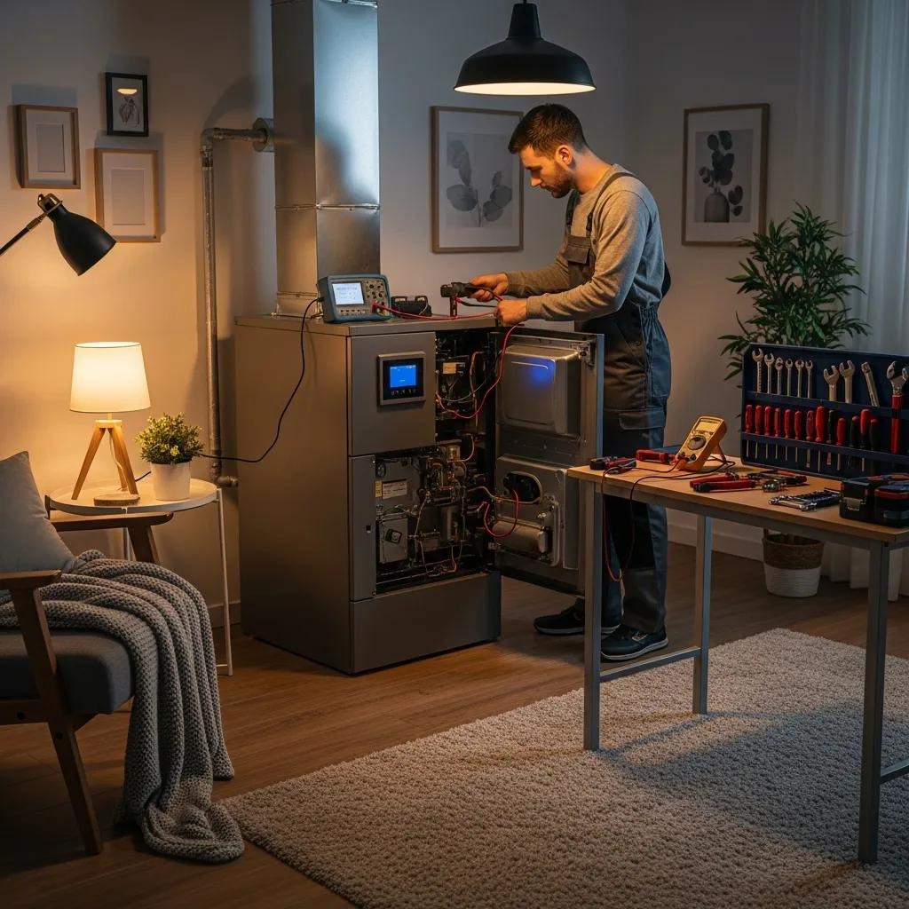 Technician performing maintenance on a modern furnace in a cozy home setting
