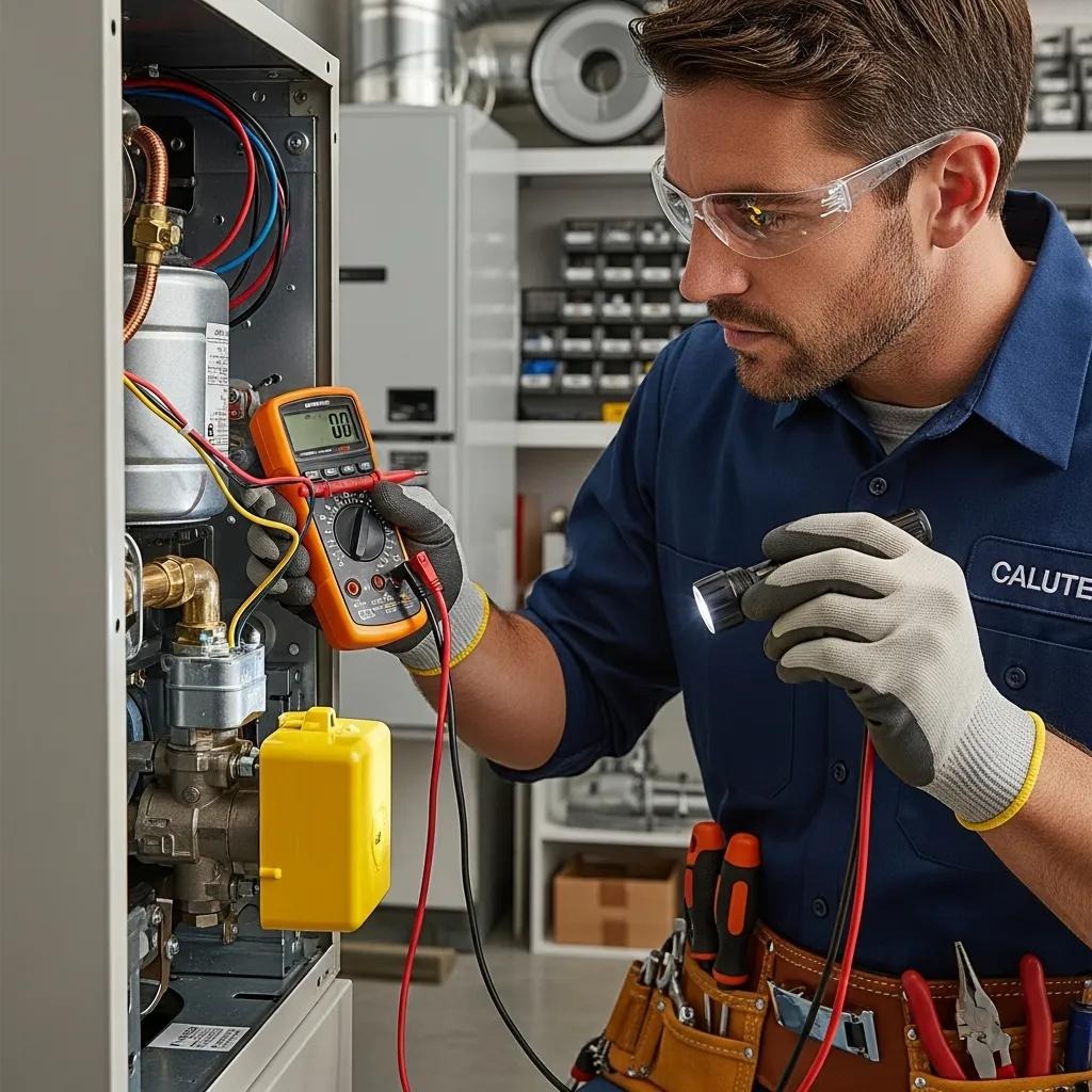 Technician conducting safety checks on a furnace during an inspection
