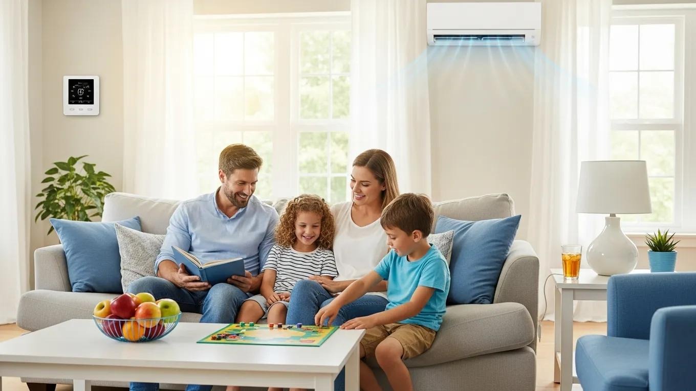 Family enjoying a cool living room, highlighting energy efficiency benefits