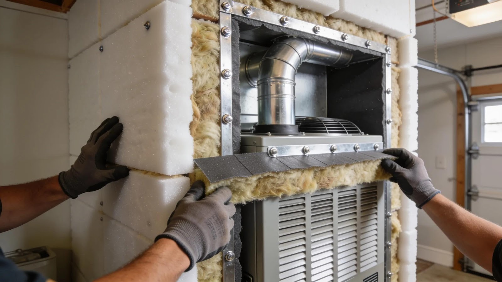 Installation of soundproofing materials around an HVAC unit, emphasizing noise reduction strategies.