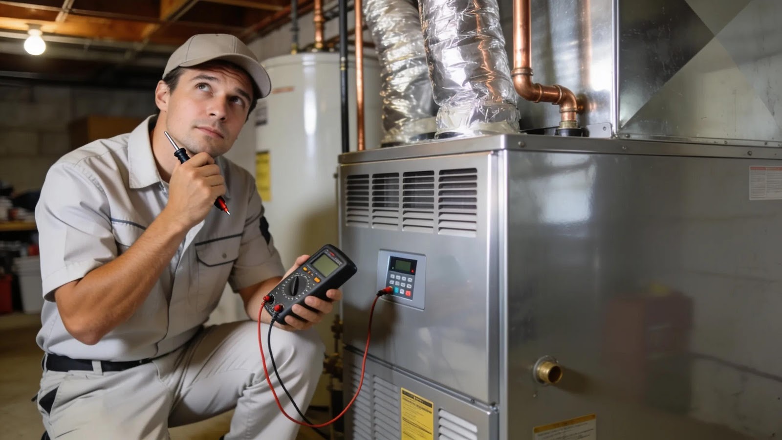 Technician inspecting an HVAC system, showcasing the importance of sound diagnosis for system health.