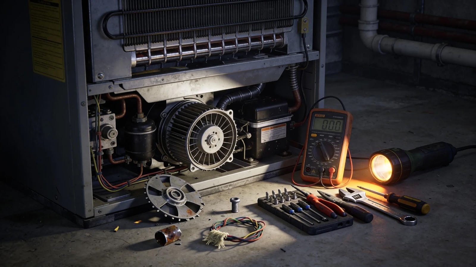 Inside view of a furnace with loose components highlighted, illustrating noise identification.
