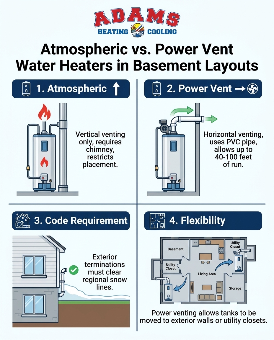 Atmospheric vs. Power Vent Water Heaters in Basement Layouts