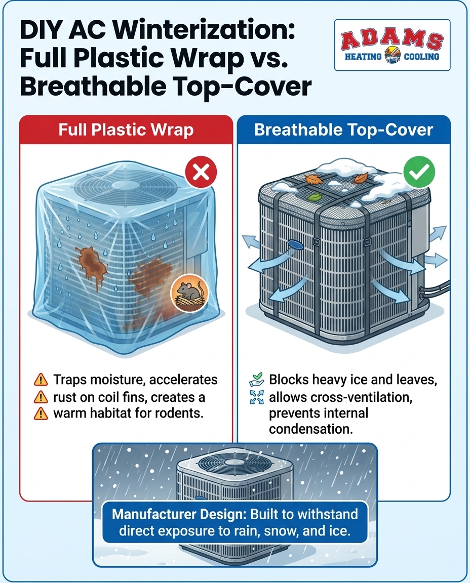 DIY AC Winterization: Full Plastic Wrap vs. Breathable Top-Cover