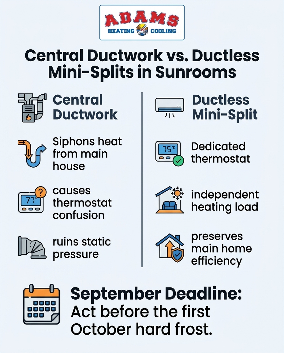 Central Ductwork vs. Ductless Mini-Splits in Sunrooms
