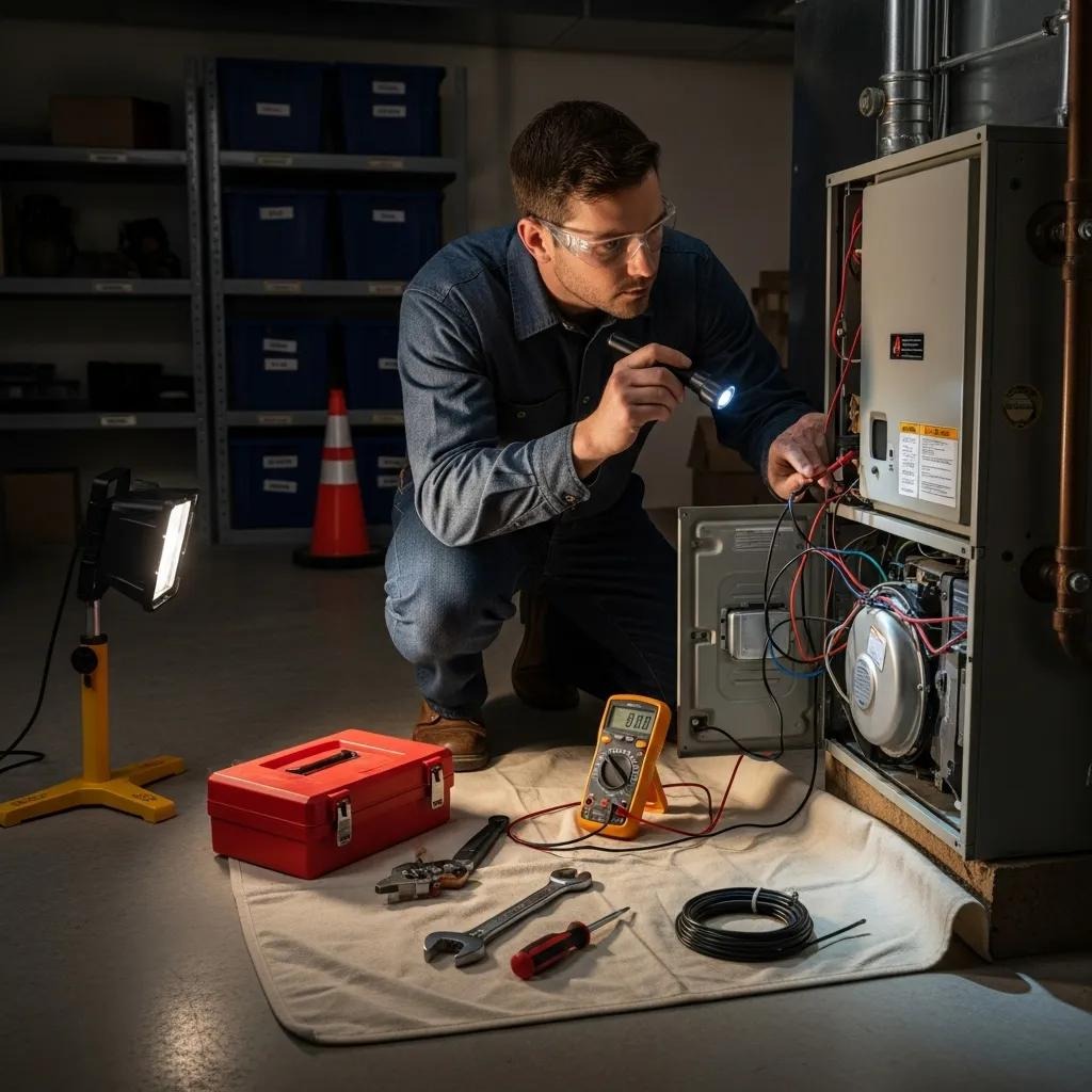 Technician examining a residential furnace during an emergency repair in Niagara Falls