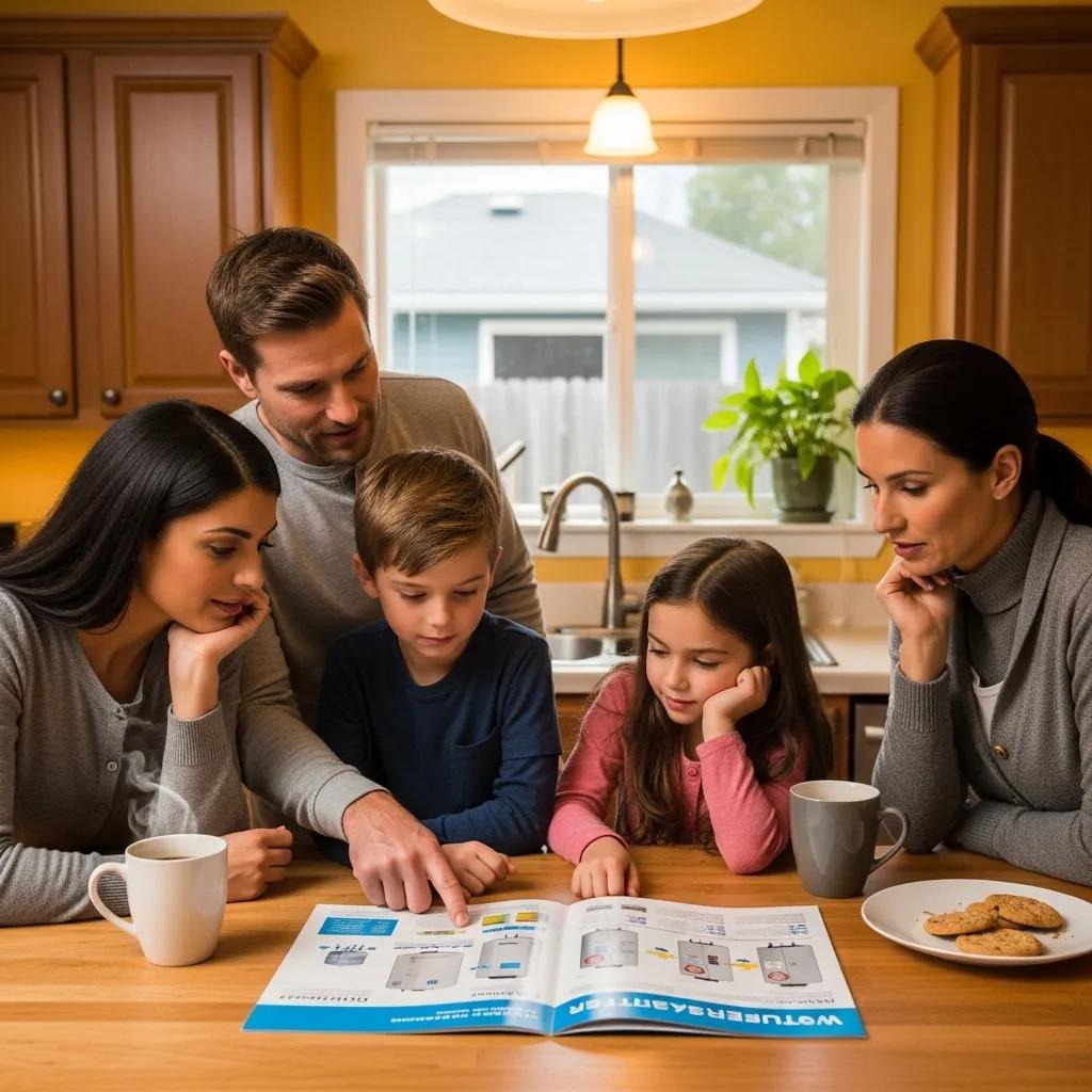 Family discussing water heater sizing in a cozy kitchen setting