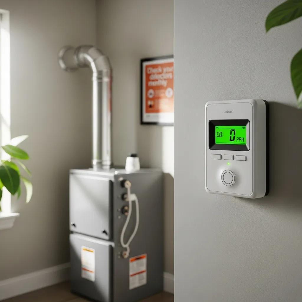 Carbon monoxide detector in a home, emphasizing safety checks for furnace maintenance