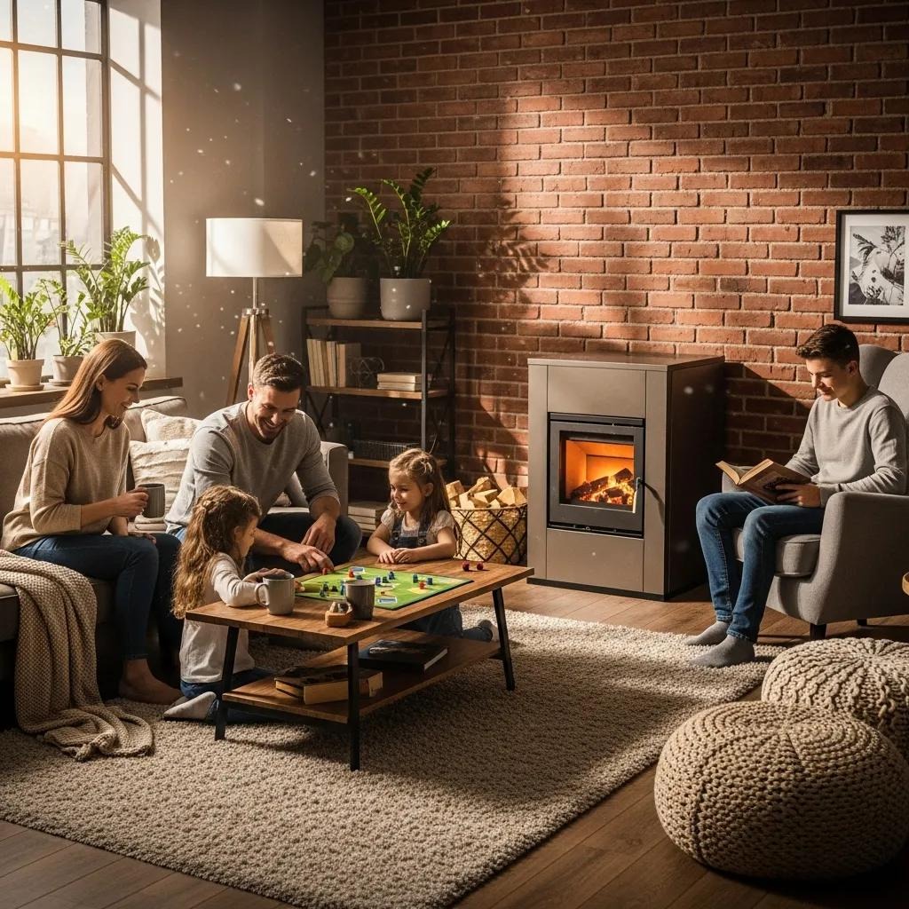 Cozy living room with a modern furnace, emphasizing home comfort and energy efficiency