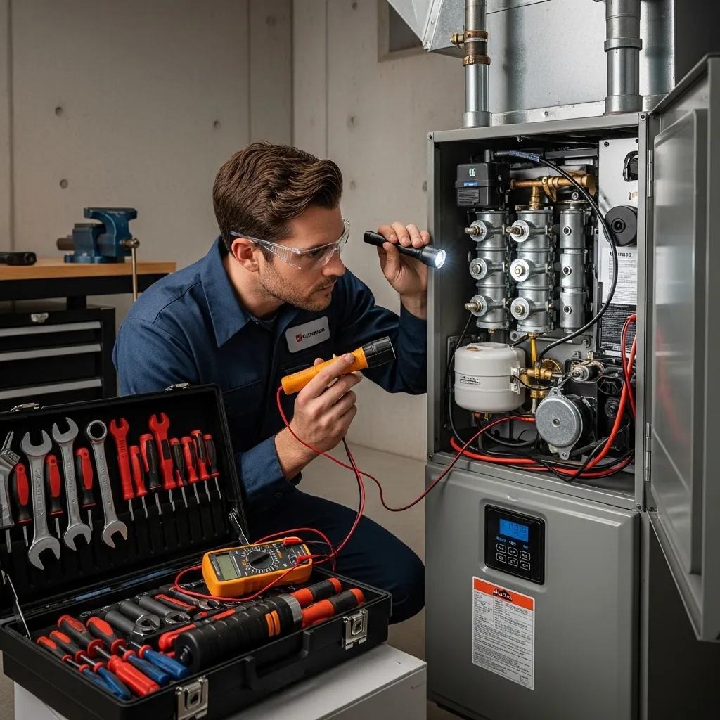 Technician inspecting a furnace, highlighting key steps in heating system inspection