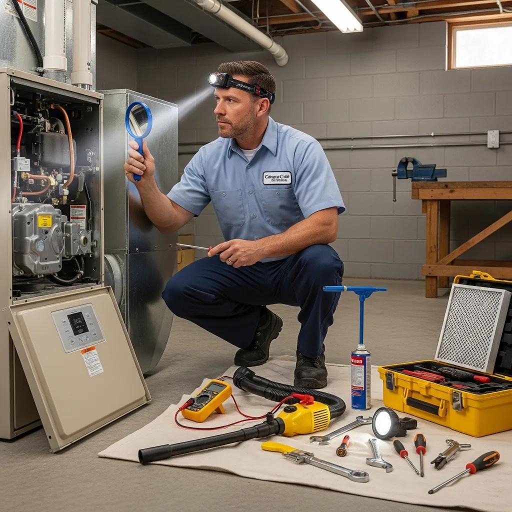 HVAC technician performing a seasonal tune-up on a furnace, highlighting maintenance tasks
