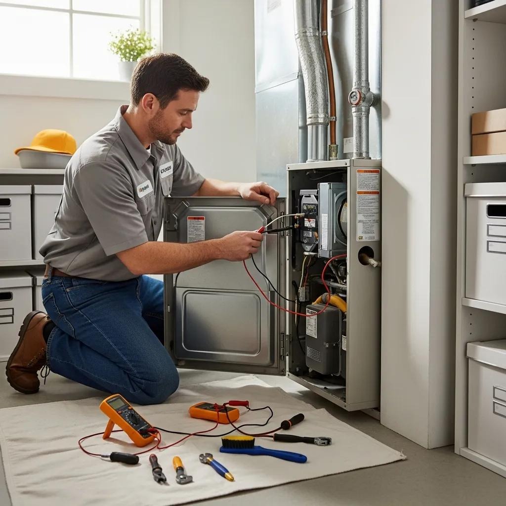 HVAC technician performing maintenance on a residential heating and cooling system