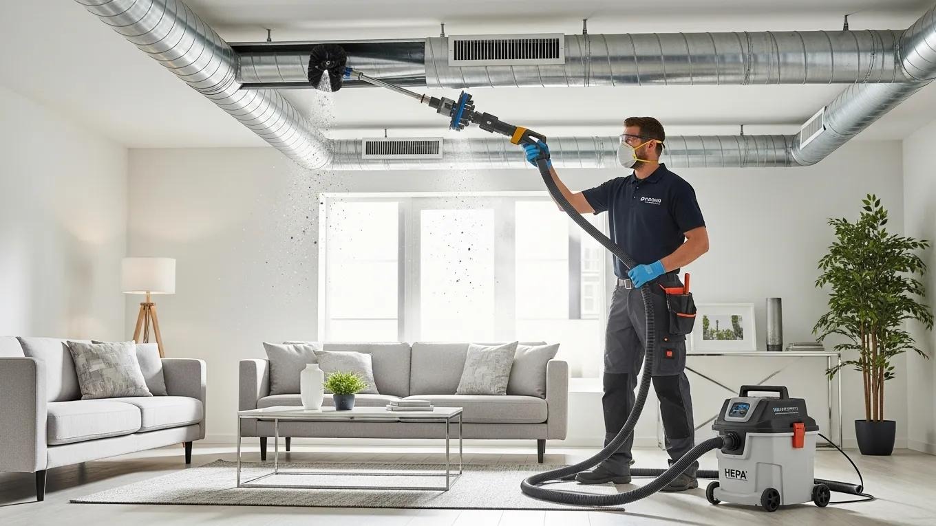 Professional duct cleaning service in a modern living room, highlighting air quality improvement