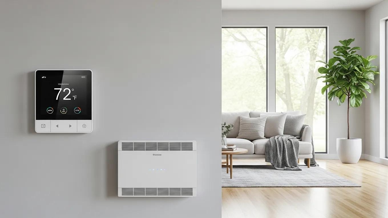 Modern HVAC system with smart thermostats in a stylish home setting