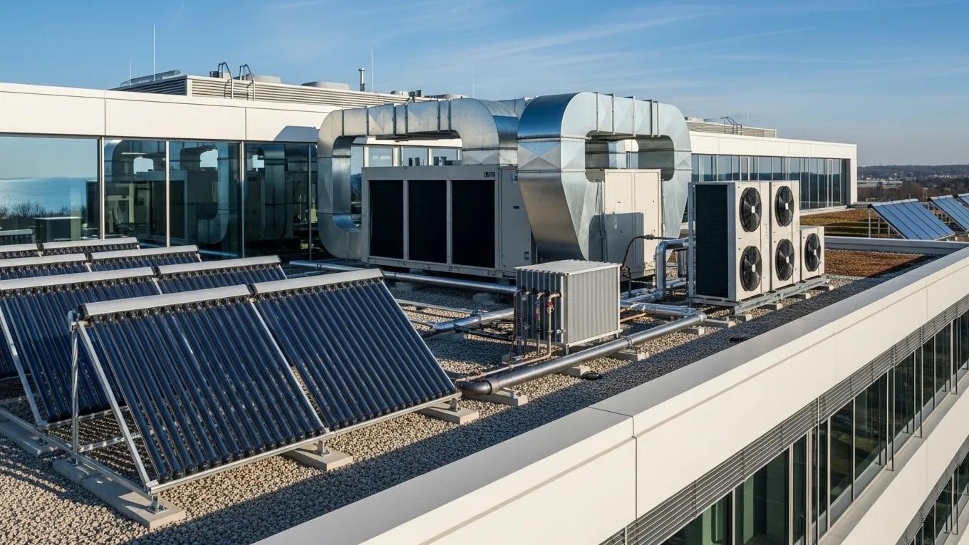Solar thermal system integrated with HVAC on a modern building