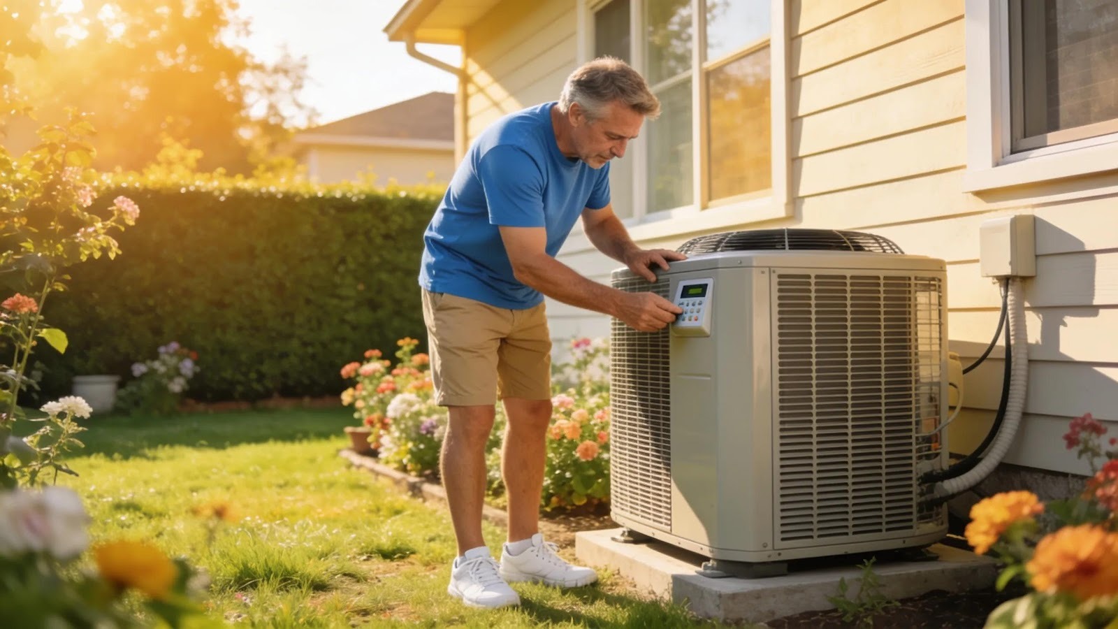 Homeowner maintaining an air conditioning unit for efficient cooling and comfort