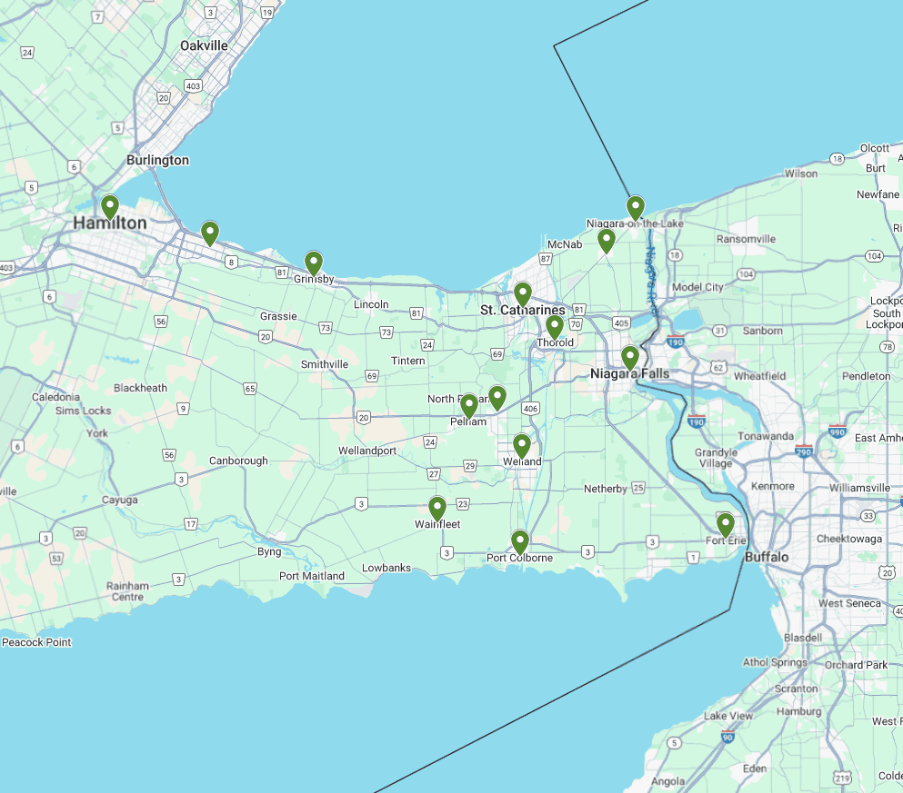 Map of Niagara Region showing Hamilton, St. Catharines, and Niagara Falls