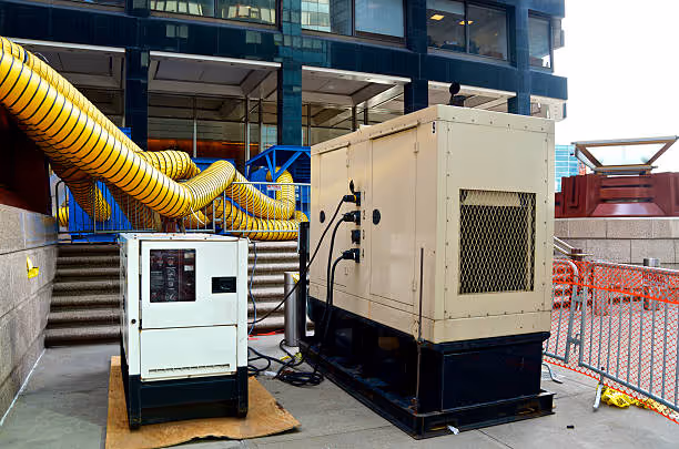 Large yellow air ducts and industrial generators at construction site