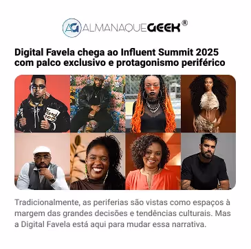 Colagem com oito fotos de pessoas diversas, quatro na linha superior e quatro na inferior, promovendo o Digital Favela no Influent Summit 2025 com foco em protagonismo periférico.