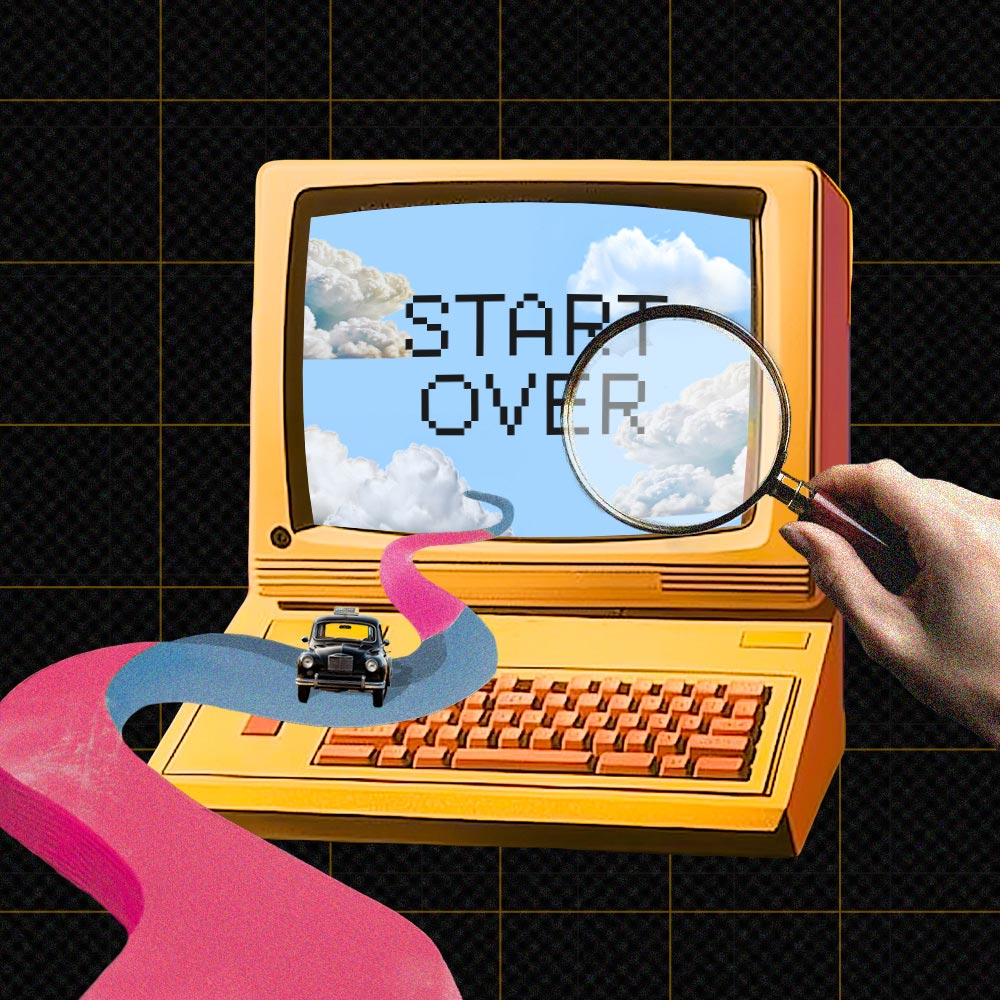Illustrative image of a retro computer stating “start over” on screen.