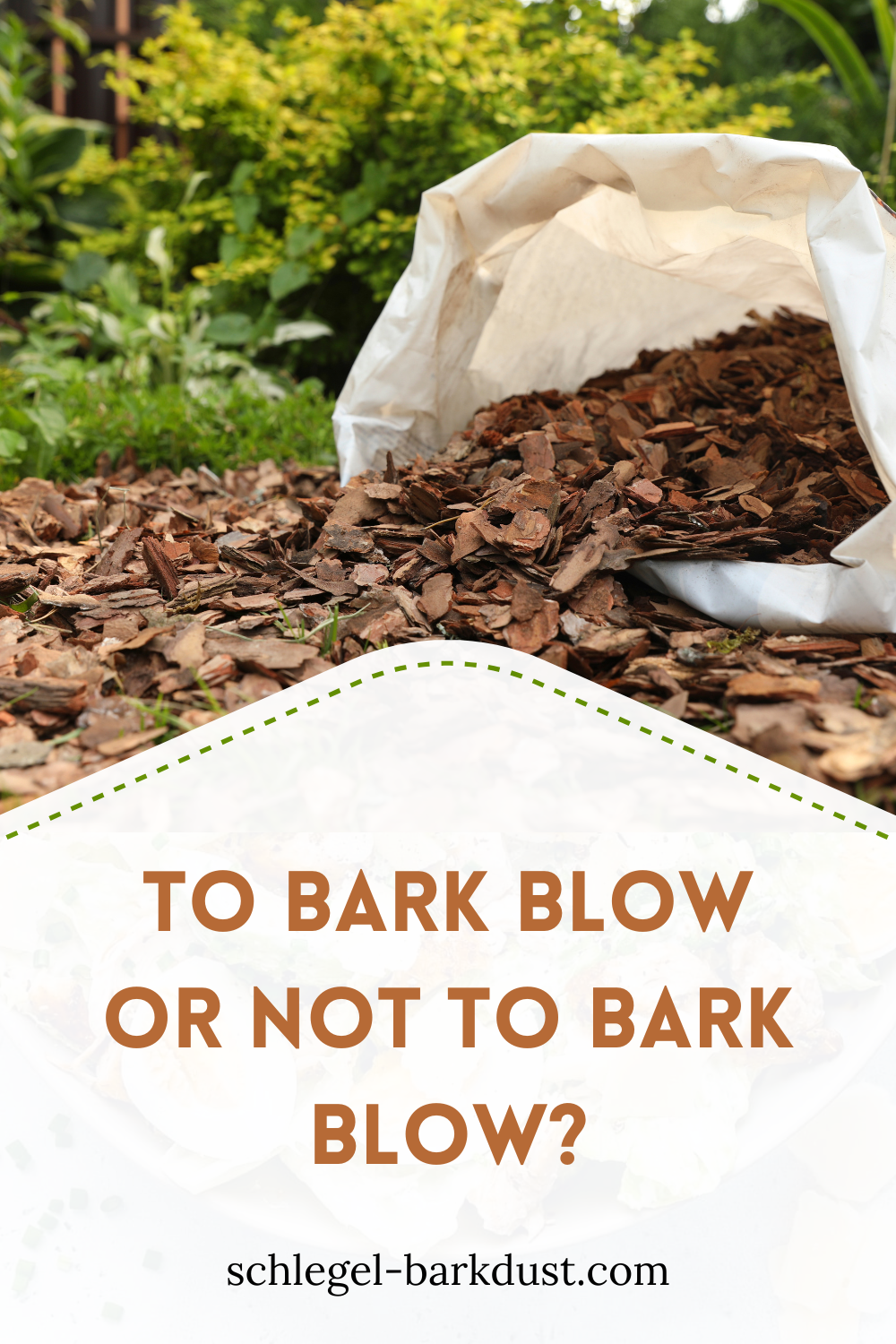 A bag of mulch spilling out onto the ground. A text overlay that reads "To Bark Blow or Not to Bark Blow?"