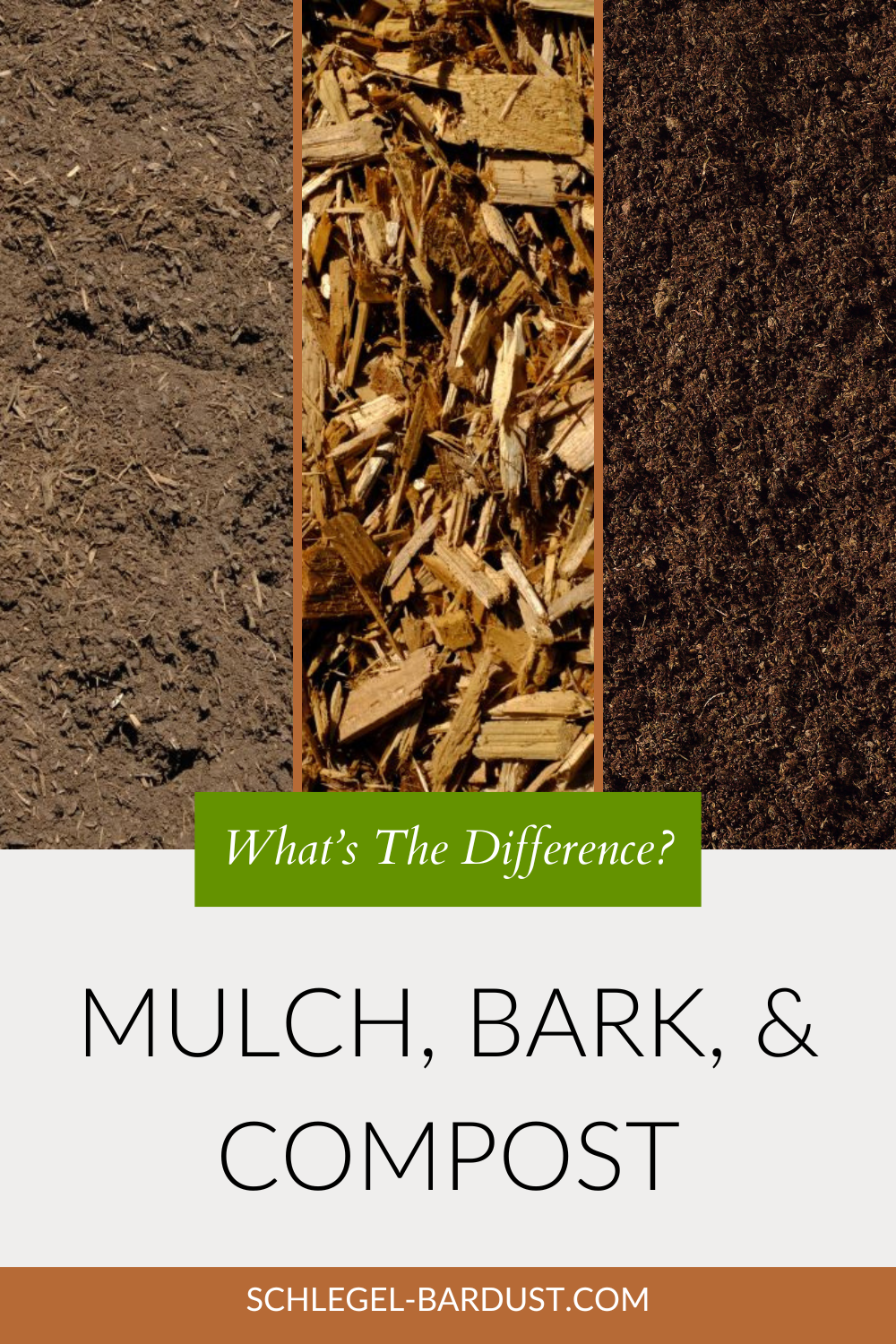 A side by side visual comparison of fine bark dust, larger bark nuggets, and compost. A text overlay that reads "What's the Difference? Mulch, Bark, and Compost"
