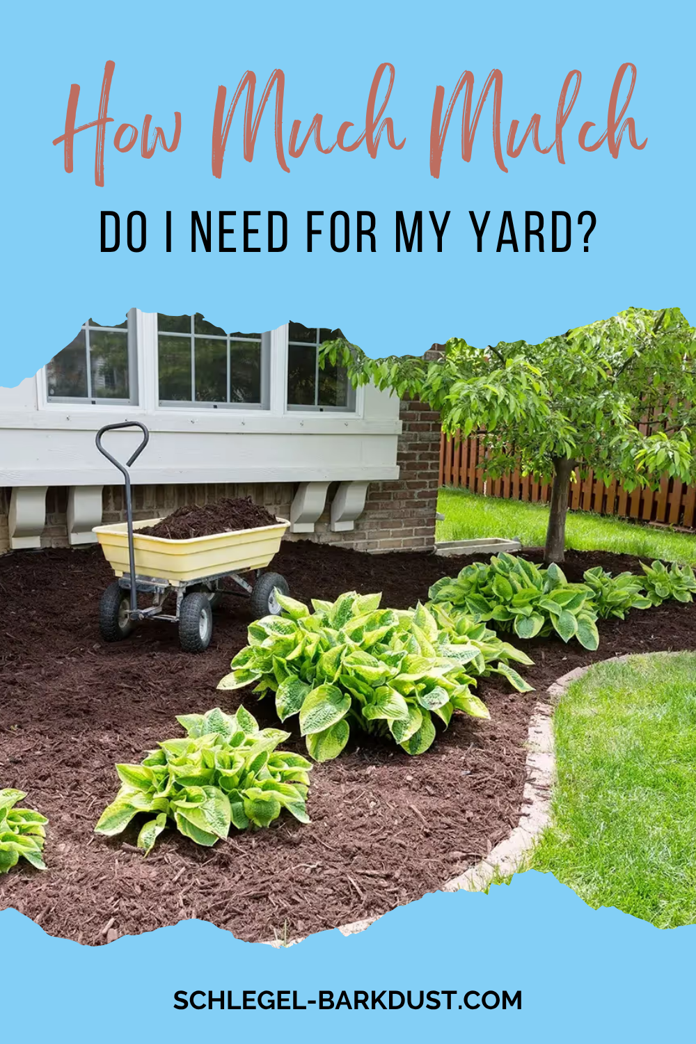 A well maintained garden bed with a fresh layer of mulch and a utility cart carrying more mulch. An overlay that reads "How much mulch do I need for my yard?"