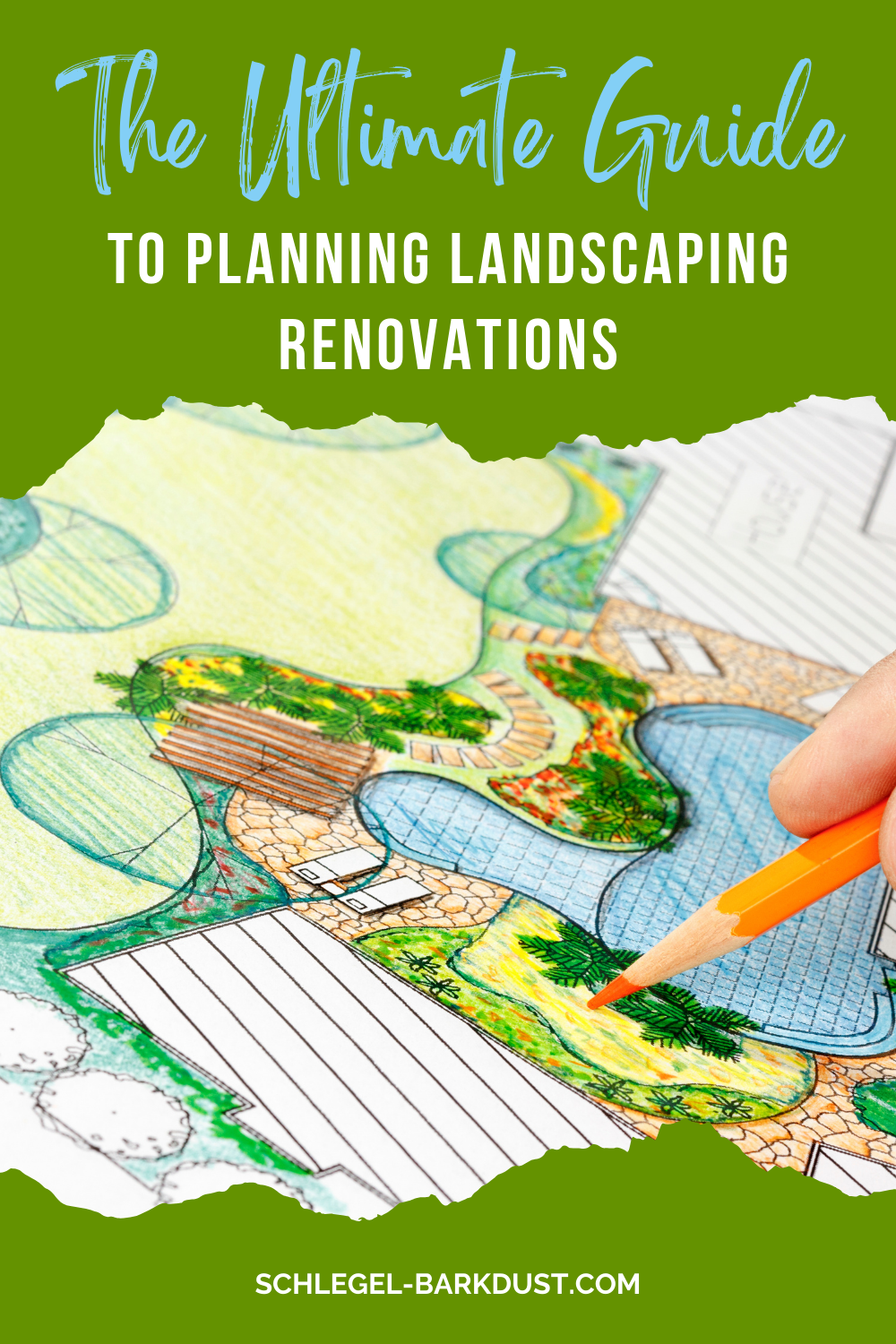 A hand holding a pencil, drawing a landscape design plan. A text overlay reading "Your Ultimate Guide to Planning Landscaping Renovations"