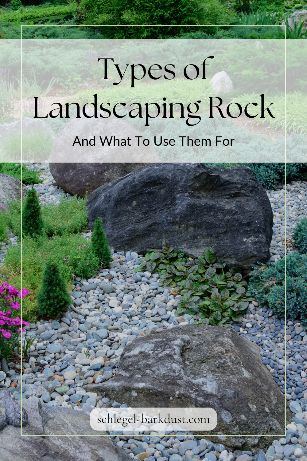 An image of a rock garden that uses multiple types of rock. A text overlay that reads "Types of Landscaping Rocks and What to Use Them For"