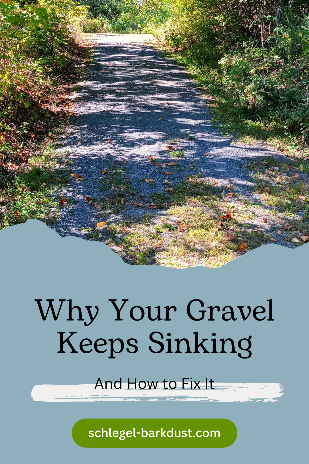 A worn down path with sunken gravel. A text overlay reading "Why Your Gravel Keeps Sinking and How to Fix It"