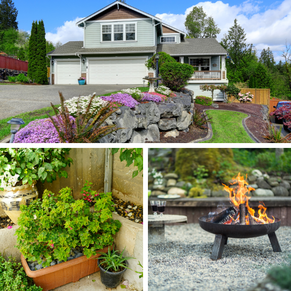 A collage of completed landscaping projects; a freshly mulched garden bed with decorative rock accents, a fire pit seating area with a gravel base, and a patio with container planters