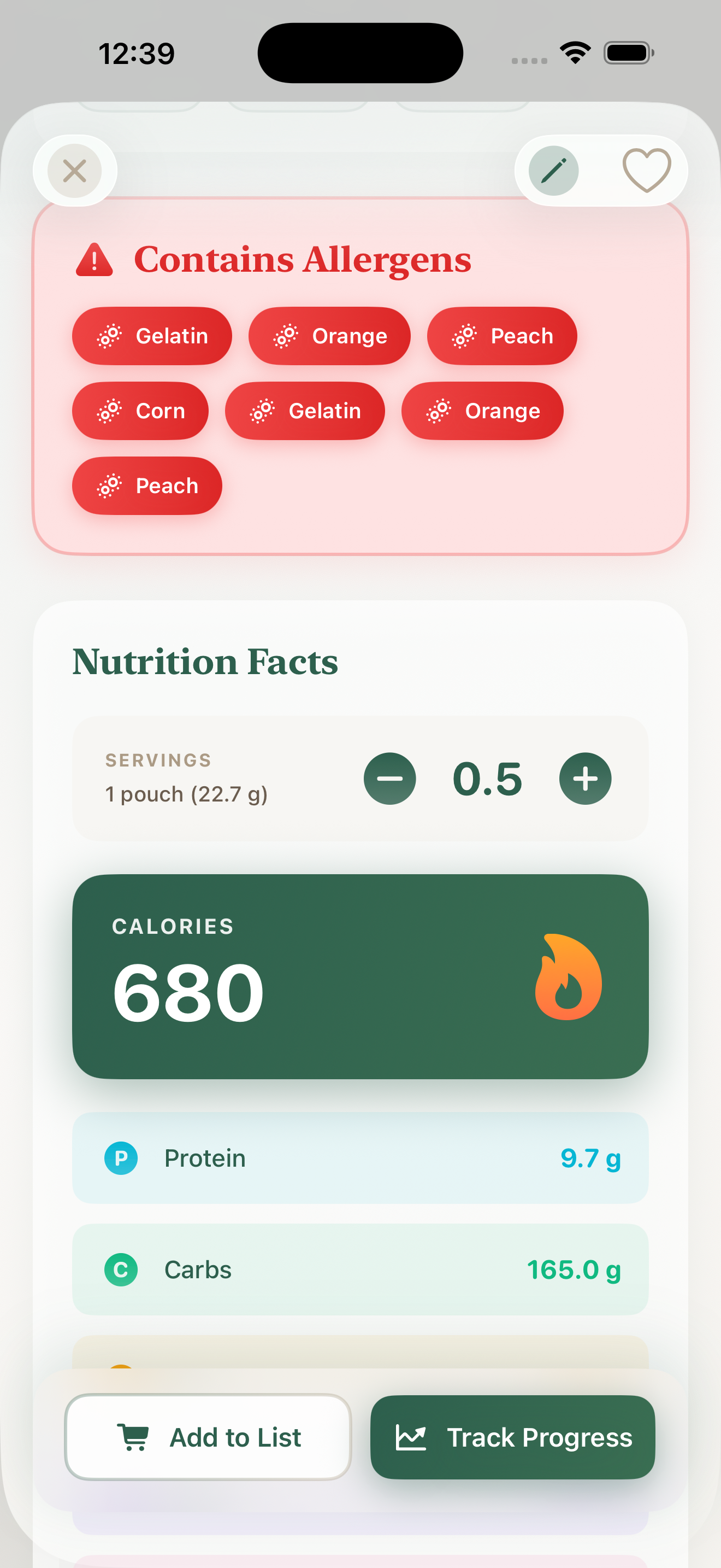 Nutrition Facts and allergen warnings