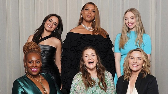 Dr. Topeka K. Sam (lower left), recipient of Google’s Inaugural Social Impact Award at the Variety Magazine Power of Women 2023 event, with Camila Cabello, Queen Latifah, Amanda Seyfried, Kim Cattrall, and Drew Barrymore