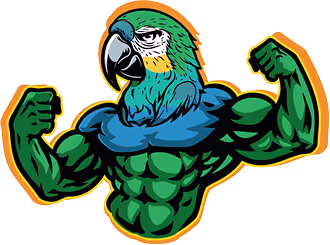 Bold illustrated parrot mascot for Perico Energy, flexing muscular arms to symbolize strength, clean energy, and vitality—featured on the homepage as the brand’s icon.