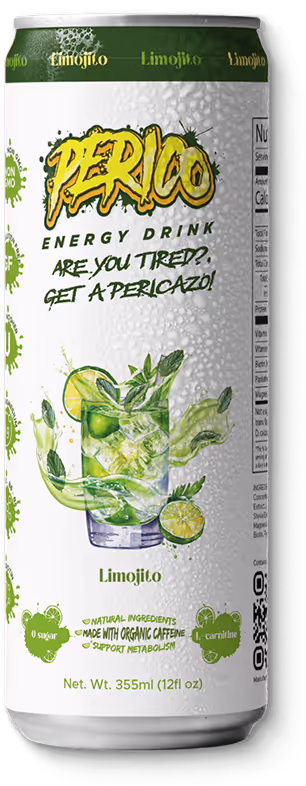 Close-up of the Perico Limojito energy drink can highlighting its mojito-inspired lime and mint flavor, made with organic caffeine, zero sugar, and essential amino acids.