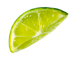 Angled lime slice with glowing citrus texture on transparent background, used to highlight the refreshing taste of Limojito. 