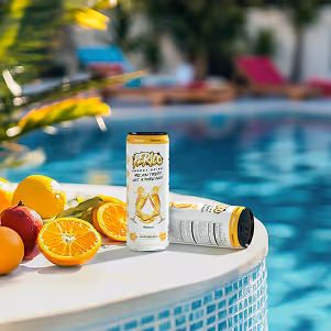 Perico Mimosa energy drink poolside with sliced oranges and lemons, promoting a refreshing citrus boost and clean caffeine for summer days.