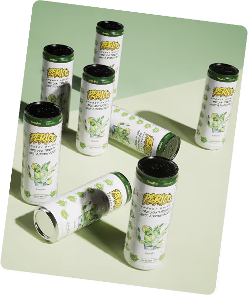 Group of Perico Energy Limojito cans on a green surface in the About Us section, reinforcing the brand’s refreshing identity and vibrant, active community.