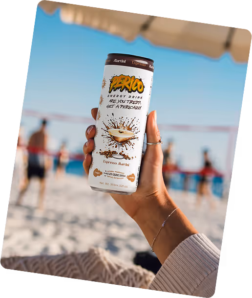 Espresso Martini flavor of Perico Energy held at the beach, capturing the brand’s lifestyle vibe and community-focused mission in the About Us section.