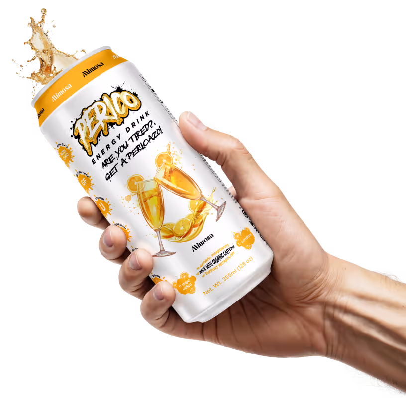 Hand holding Perico Energy’s Mimosa flavor can with citrus splash and orange slices, a brunch-inspired energy drink for vibrant daily refreshment. 
