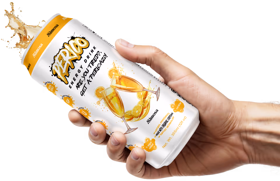 Hand holding Perico Energy’s Mimosa flavor can with orange splash, highlighting a vitamin-rich, brunch-style energy drink with zero sugar and natural caffeine.