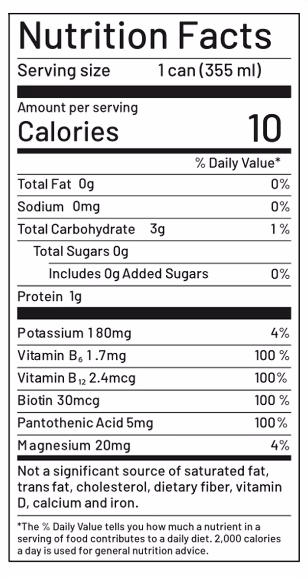 Nutrition facts label for Perico's Espresso Martini energy drink, highlighting its zero sugar, 10 calories, added vitamins, and metabolism-boosting ingredients.