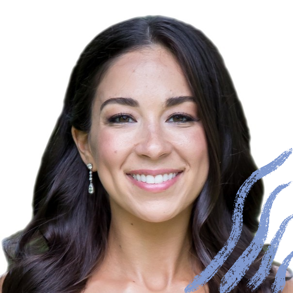 Smiling woman with long dark hair, wearing dangling earrings, and soft natural makeup with purple brushstroke accents.