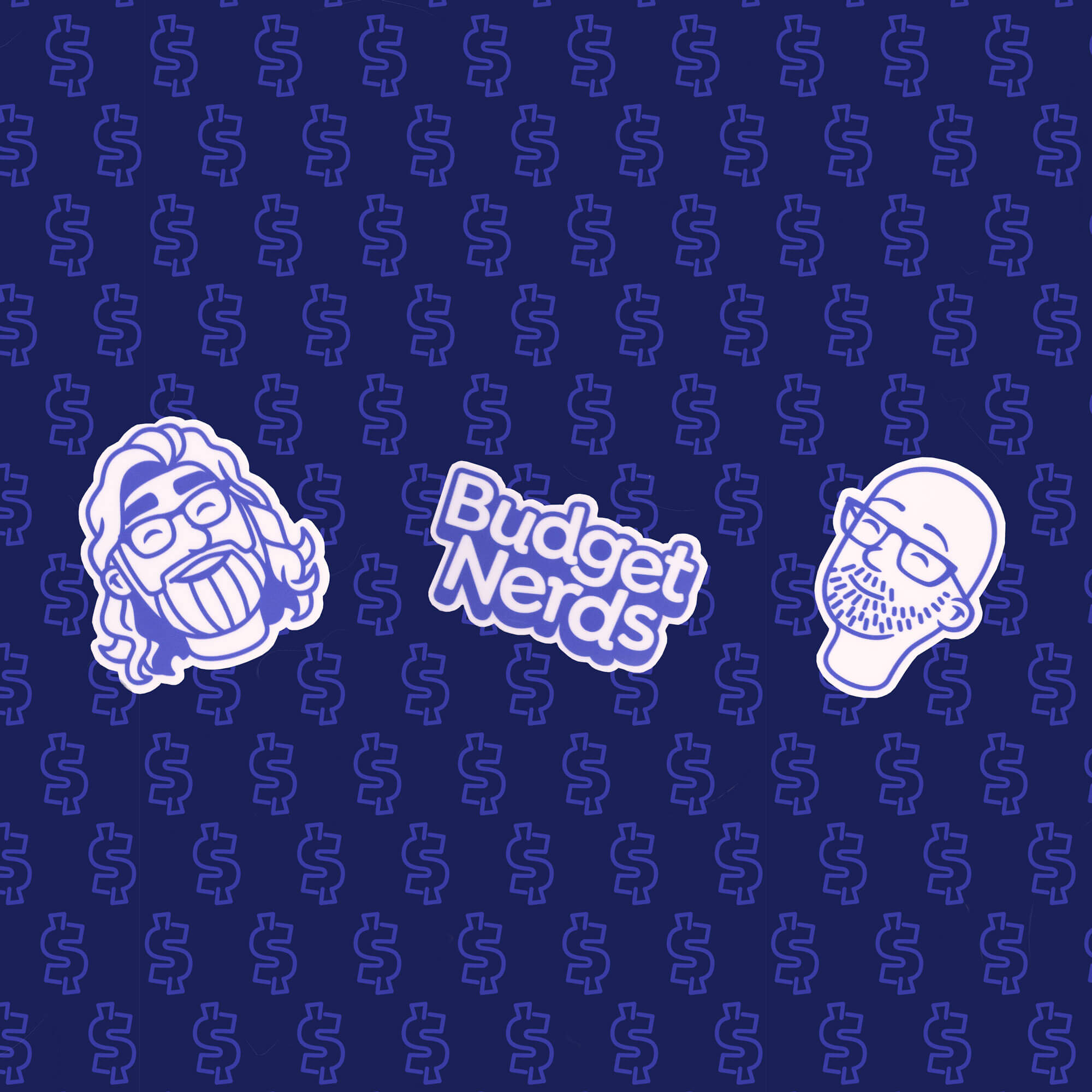 Three Budget Nerds vinyl stickers — two illustrated faces and one logo — on dark navy background.
